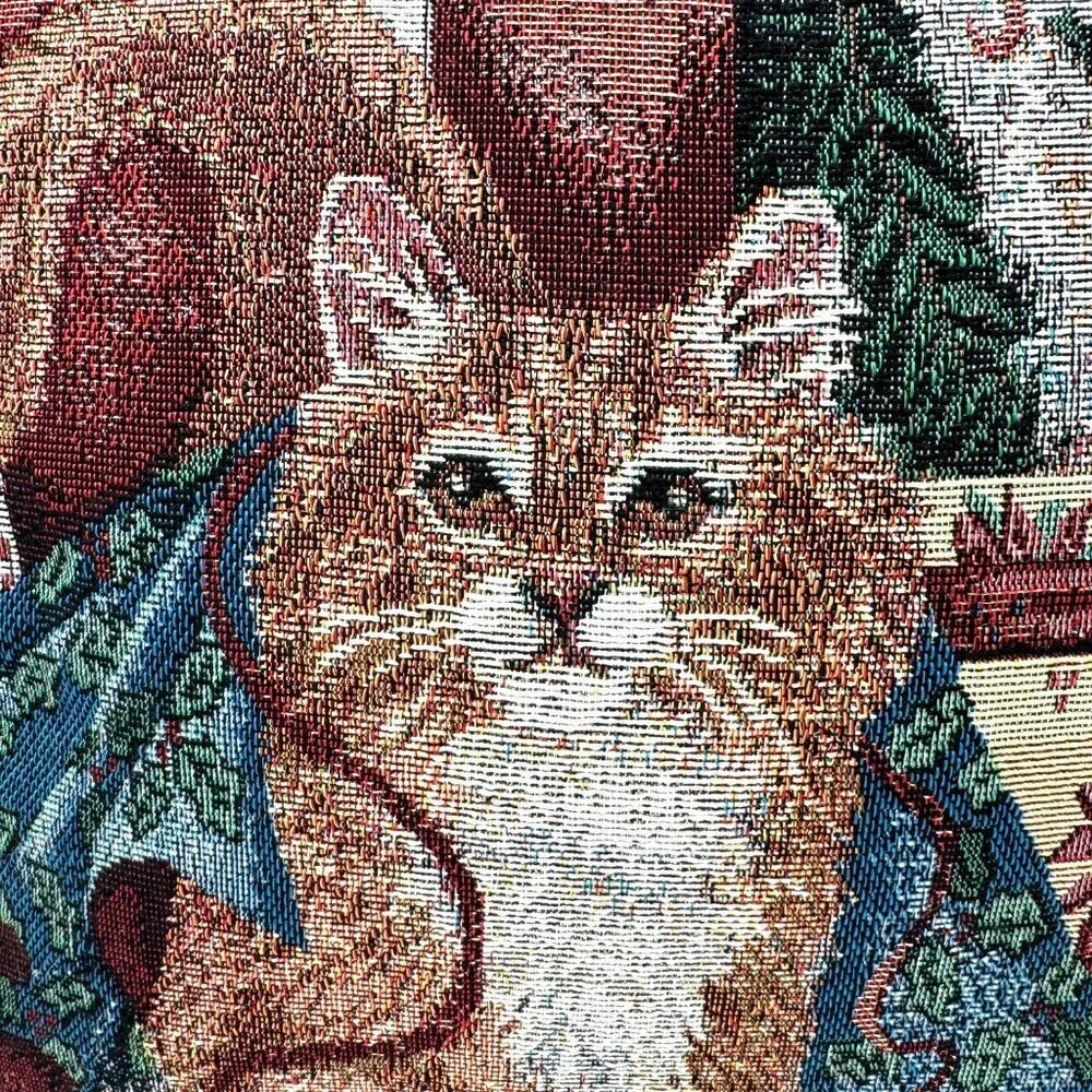 Vtg Christmas Curiosity CATS THROW Pillow WHIMSICAL KITTY WOVEN TAPESTRY Granny